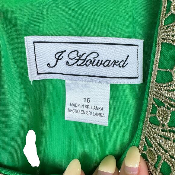 J Howard NWT Kelly Green Linen Blend Gold Lace Trim Sleeveless Shift Dress - Picture 11 of 12